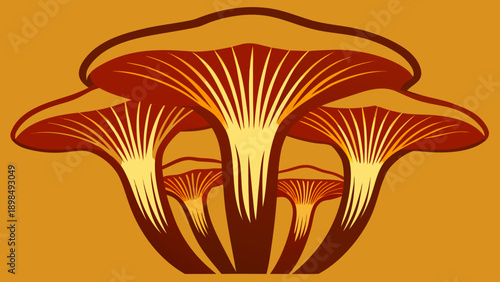 Cluster of vibrant mushrooms growing on a warm golden-orange background isolated on white background, Vector