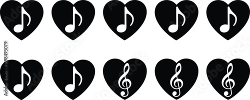 Music heart icon set, love sound symbols collection, musical note silhouettes, black romantic audio design elements