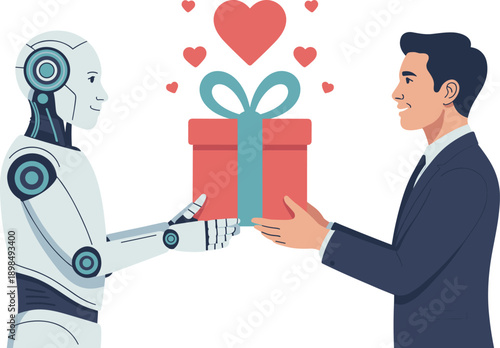 Robot giving gift box to man with hearts android human