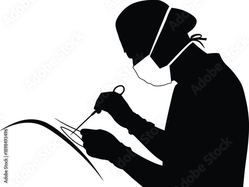 Silhouette of surgeon performing surgery with instruments