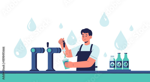 Bartender Pouring Fresh Beverage From Tap Into Cup For Customer With Bottles Nearby