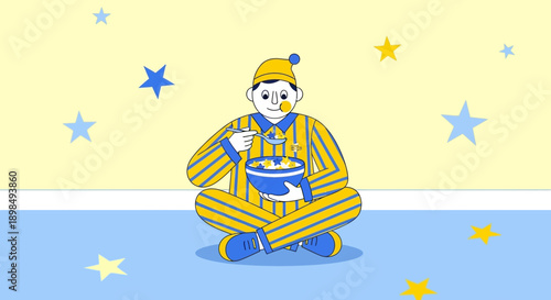 Boy In Pajamas Eating Star Cereal In Whimsical Starry Dreamscape