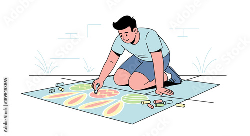 Boy Kneeling Drawing Sidewalk Chalk Art Outdoors Creating Fun Designs