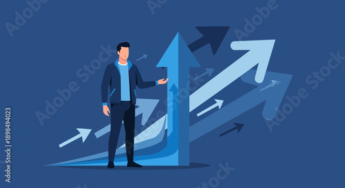 Business Man And Arrows Indicating Growth And Success