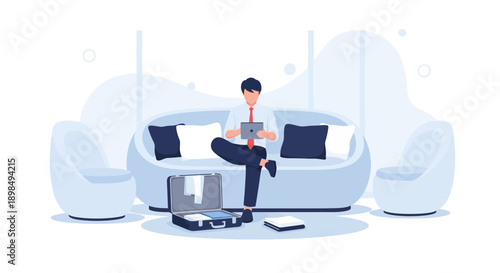 Business Professional Relaxing With Tablet And Briefcase On Modern Sofa