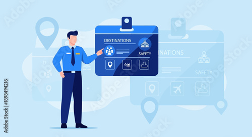 Business Professional Presenting Digital Interface Of Destinations And Safety Protocols