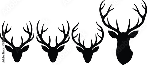 Deer head silhouette set, stag antlers illustration, wild animal hunting symbols, black forest wildlife design collection