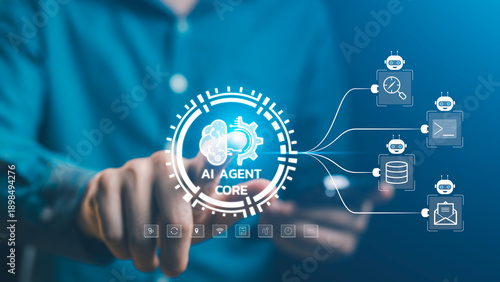 Naklejka Human hand activating AI Agent Core interface connecting multi-agent systems. autonomous workflow orchestration, task decomposition, complex goal achievement enterprise SaaS development, IT security