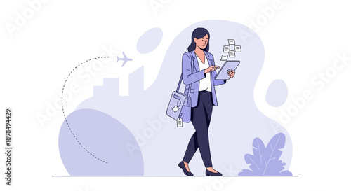 Business Woman Navigating Digital Tasks With Tablet While Traveling