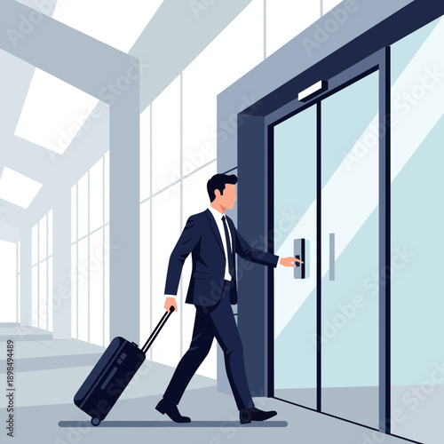Businessman Entering Elevator With Luggage On Business Trip