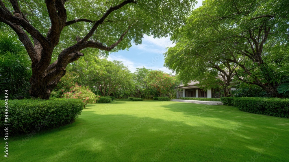 Obraz premium Lush Green Landscape in a Serene Garden with Large Trees and Expansive Lawn Under Clear Blue Sky