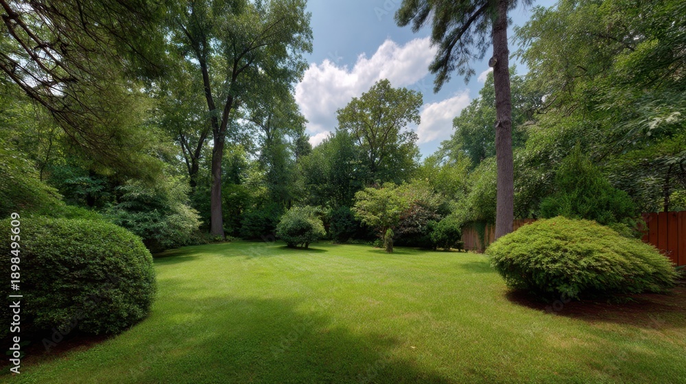 Naklejka premium Lush Green Garden with Vibrant Trees and Open Sky in a Peaceful Natural Setting Surrounded by Verdant Foliage and Scenic Beauty