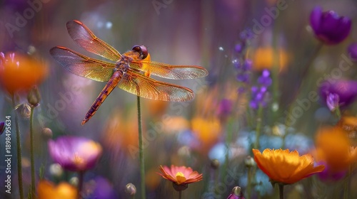 A close-up of a vibrant dragonfly with translucent wings resting on a stem, surrounded by colorful wildflowers in a soft focus