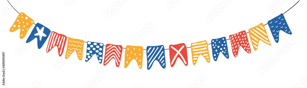 Obraz premium Swallowtail flags, bunting with different patterns hanging on string isolated on white background. Hand drawn flat vector illustration. Kids nautical print, design element, clip art, horizontal border