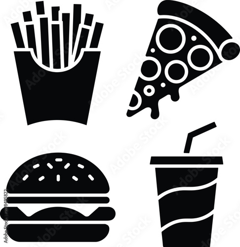 Fast food silhouettes set with burger fries pizza and soda icons, black takeaway food symbols for restaurant, menu, and snack designs