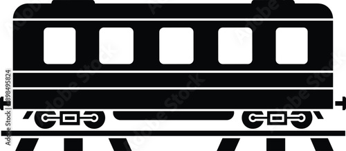 Black train carriage silhouette on railway tracks isolated on white background, minimalist rail transport icon illustration for travel, logistics, vintage design projects