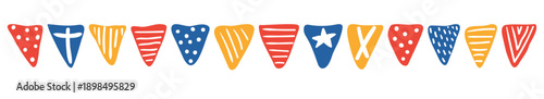 Triangular flags, bunting with different patterns isolated, collection on white background. Hand drawn flat vector illustration. Kids nautical print, design element, clip art, horizontal border