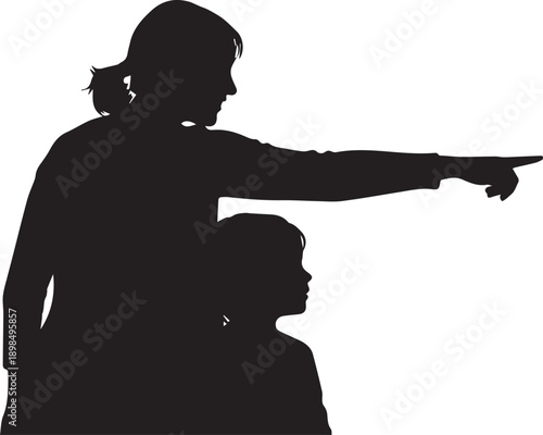 Mother pointing finger at distance showing view to child vector illustration silhouette back profile
