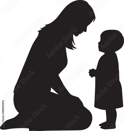 Mother kneeling talking to child vector illustration attentive listening supportive loving parent child conversation silhouette