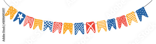 Swallowtail flags, bunting with different patterns hanging on string isolated on white background. Hand drawn flat vector illustration. Kids nautical print, design element, clip art, horizontal border