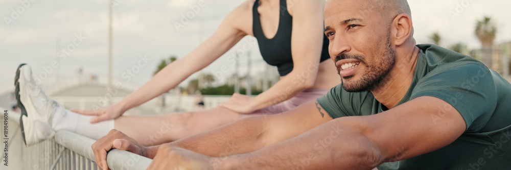 custom made wallpaper toronto digitalSide view of multi-ethnic couple of fit people training together in summer on the seafront. Couple goals and sports motivation, active lifestyle. Teamwork in sport. Panoramic. Panoramic