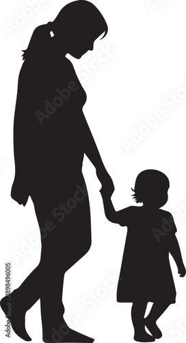 Woman walking and holding hands with small child daughter vector illustration isolated silhouette art