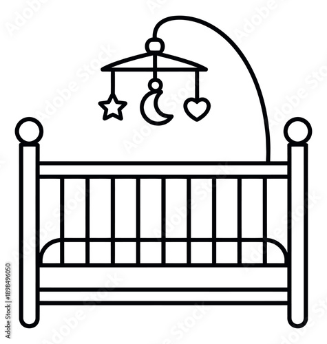 Line art illustration of a baby crib with mobile depicting infant sleep for a nursery