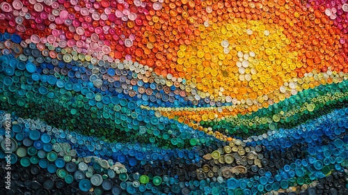 A vibrant mosaic of recycled bottle caps creates a landscape mountains, water, sunset, using color and texture