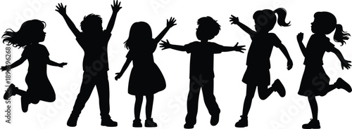 Happy children silhouettes jumping and playing together, joyful kids poses, black playful figures for childhood, fun, education, and celebration designs