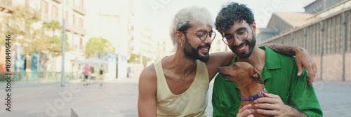 Wallpaper Mural Gay couple spend time together with their dog outdoors. Panoramic Torontodigital.ca