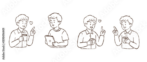 Hand drawn coffee cafe people enjoying hot drinks, casual conversation and friendly gestures, modern lifestyle scene illustration