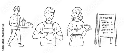 Hand drawn coffee cafe scene with barista, waiter and customer serving hot drinks at counter with menu board, cozy lifestyle illustration