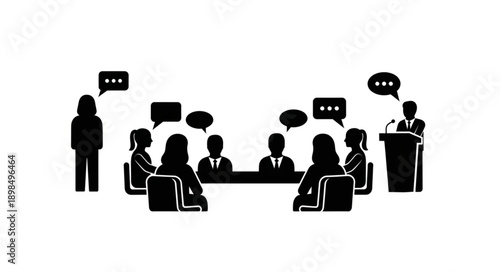 Business Meeting Discussion and Presentation Silhouette Icons.
