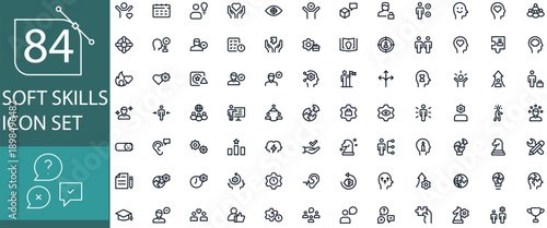 84 Soft Skills Icons Set - Communication, Teamwork, Leadership, Problem Solving, Emotional Intelligence, Time Management, Adaptability, Creativity, Collaboration, and Professional Development Vector