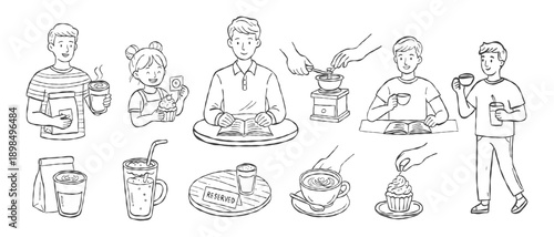 Hand drawn people enjoying coffee shop moments, reading and chatting in cozy cafe atmosphere, daily lifestyle scenes with simple line art illustration