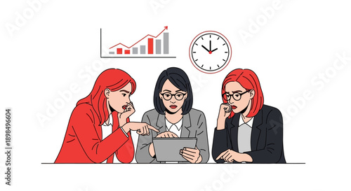 Urgent Business Data Analysis by Female Team. Professional women reviewing performance, clock, and growth chart under time pressure.