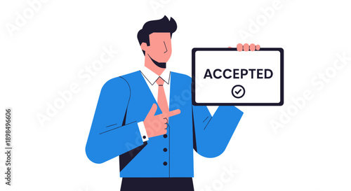 Businessman Showing 'Accepted' Status on Digital Tablet Screen. Approval, Agreement, Verification, and Successful Confirmation Concept. Vector Illustration.