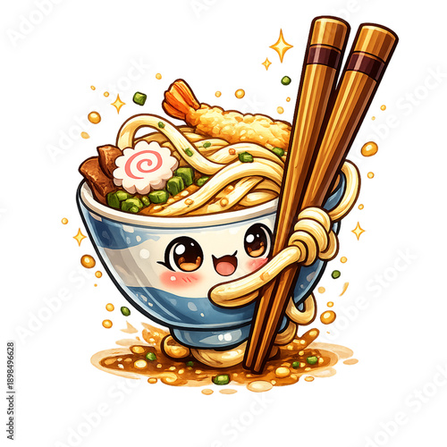 Udon bowl hugs its chopsticks joyfully