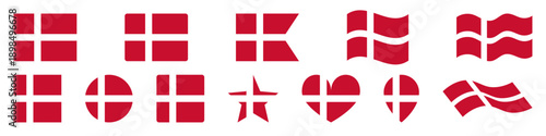 Denmark flag set, Danish flag vector icon, heart, pin symbol