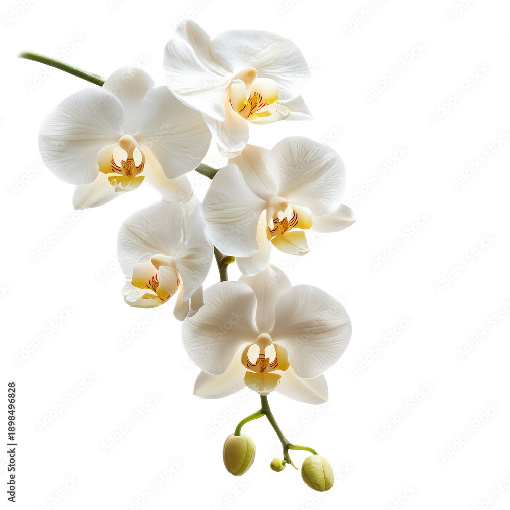 Obraz premium A white orchid with yellow centers on a white background.