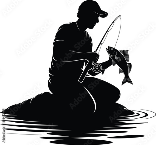 Fishing silhouette scene, man catching fish vector, outdoor recreation design, nature activity illustration, water ripple graphic icon, cad drawing flat vector illustration