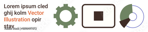 Technology, design tools, data visualization, automation, chart creation, development. Gear, square frame and pie chart with sample text. Technology and design tools concept