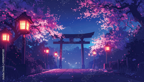 Sakura tunnel framing sacred torii in cinematic night. Japanese blossom canopy over spiritual gateway. Romantic cherry archway surrounding ancient shrine