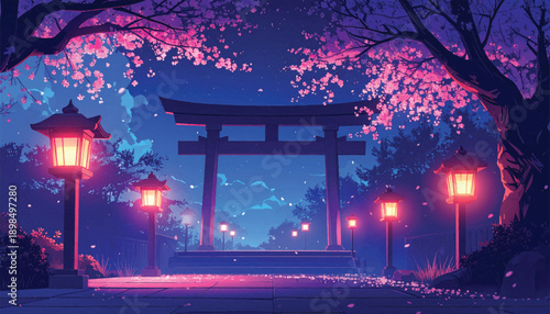 Midnight shrine passage glowing beneath cherry petals. Enchanted torii road wrapped in nocturnal sakura light. Silent japanese gateway path under starry blossoms