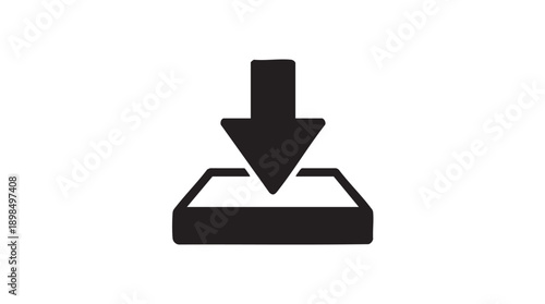Black Download Box Icon with Down Arrow on White Background