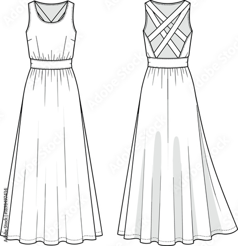 Technical Fashion Flat Sketch of Sleeveless Maxi Dress with Crisscross Back Straps Front and Back View Vector