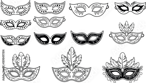Carnival masquerade mask illustration set with decorative ornate designs and feathers isolated on white background for festival graphic use