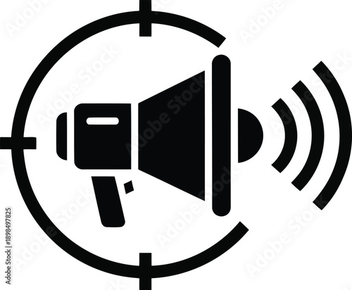 Targeted marketing icon featuring a megaphone emitting sound waves within a crosshairs symbol, representing advertising focus