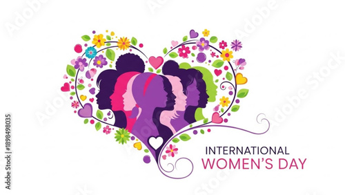 International women's day celebration with diverse women's silhouettes in a heart shaped floral design