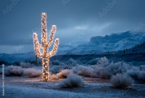 Illuminated saguaro cactus stands tall in frosty desert landscape during cold winter evening mountains covered in snow glowing warm white christmas lights